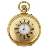 J.W. BENSON, LONDON: A VICTORIAN 18CT GOLD LADY'S HALF HUNTER POCKET WATCH, the case with blue