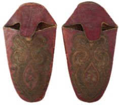 A PAIR OF 19TH CENTURY TURKISH OR OTTOMAN EMBROIDERED SLIPPERS,