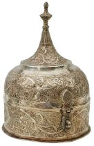 A PERSIAN OR NORTH INDIAN WHITE METAL PANDAN OR BETEL NUT BOX,