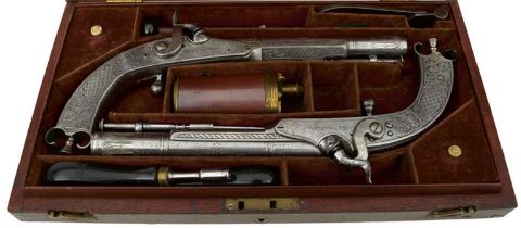 A CASED PAIR OF 54-BORE SCOTTISH ALL STEEL PERCUSSION BELT PISTOLS,