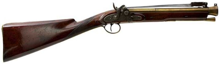 A SCARCE BRASS BARRELLED BAYONET BLUNDERBUSS WITH LATER FORSYTH SCENT BOTTLE PRIMER,