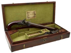 A CASED PAIR OF 10-BORE FLINTLOCK LONG BARRELLED DUELLING OR OFFICER'S PISTOLS BY PARKER OF LONDON,