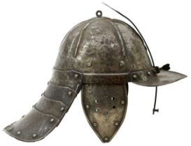 A MID-17TH CENTURY ENGLISH CIVIL WAR PERIOD LOBSTER TAILED POT OR HELMET,