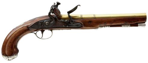 A 20-BORE SILVER MOUNTED FLINTLOCK HOLSTER PISTOL BY BRANDER & KNUBLEY,