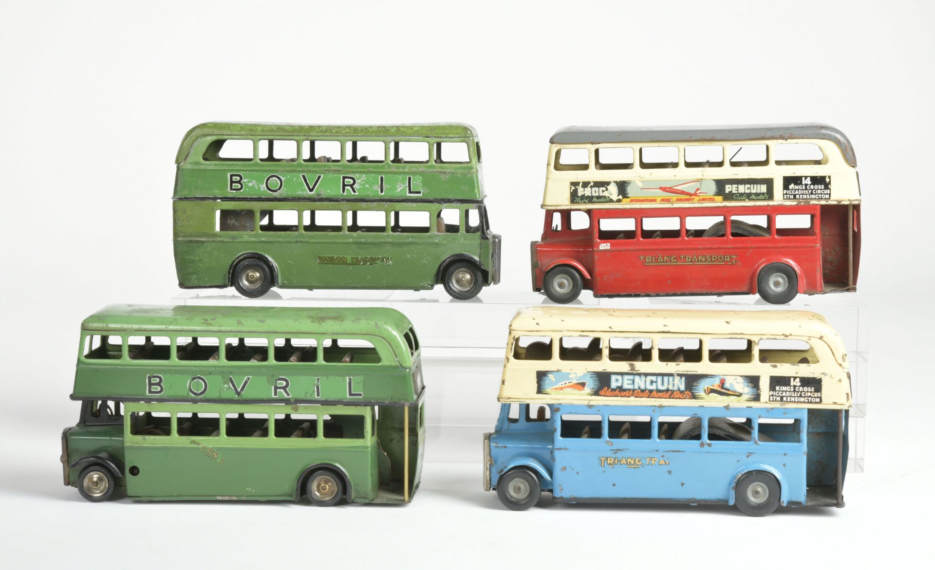 Triang Minic, 4 busses, England, 18cm, tin, paint d., C 3