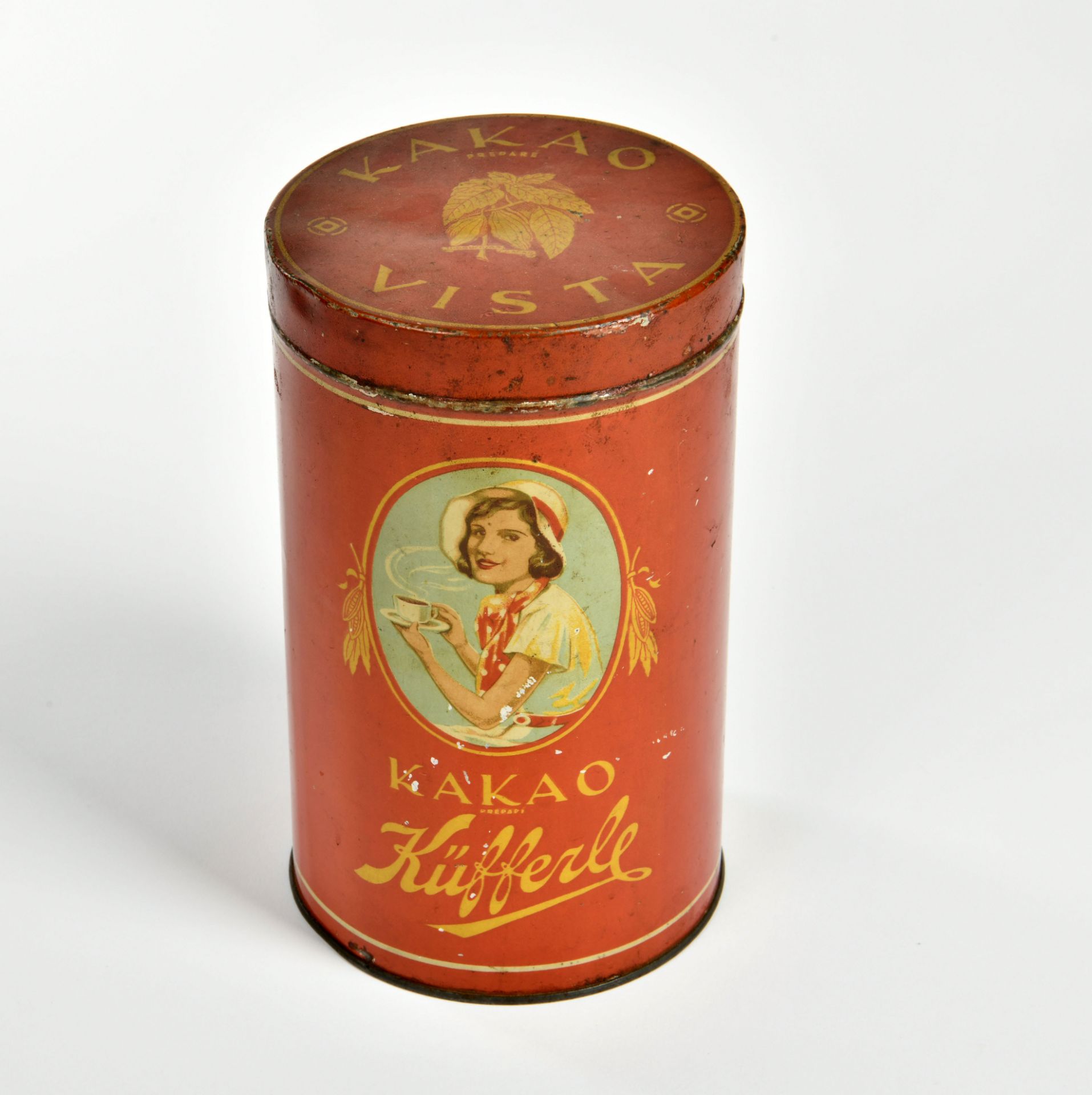 Cacao tin can "Küfferle Kakao", Germany pw, 20 cm, min. paint d., around 1930, C 1-2