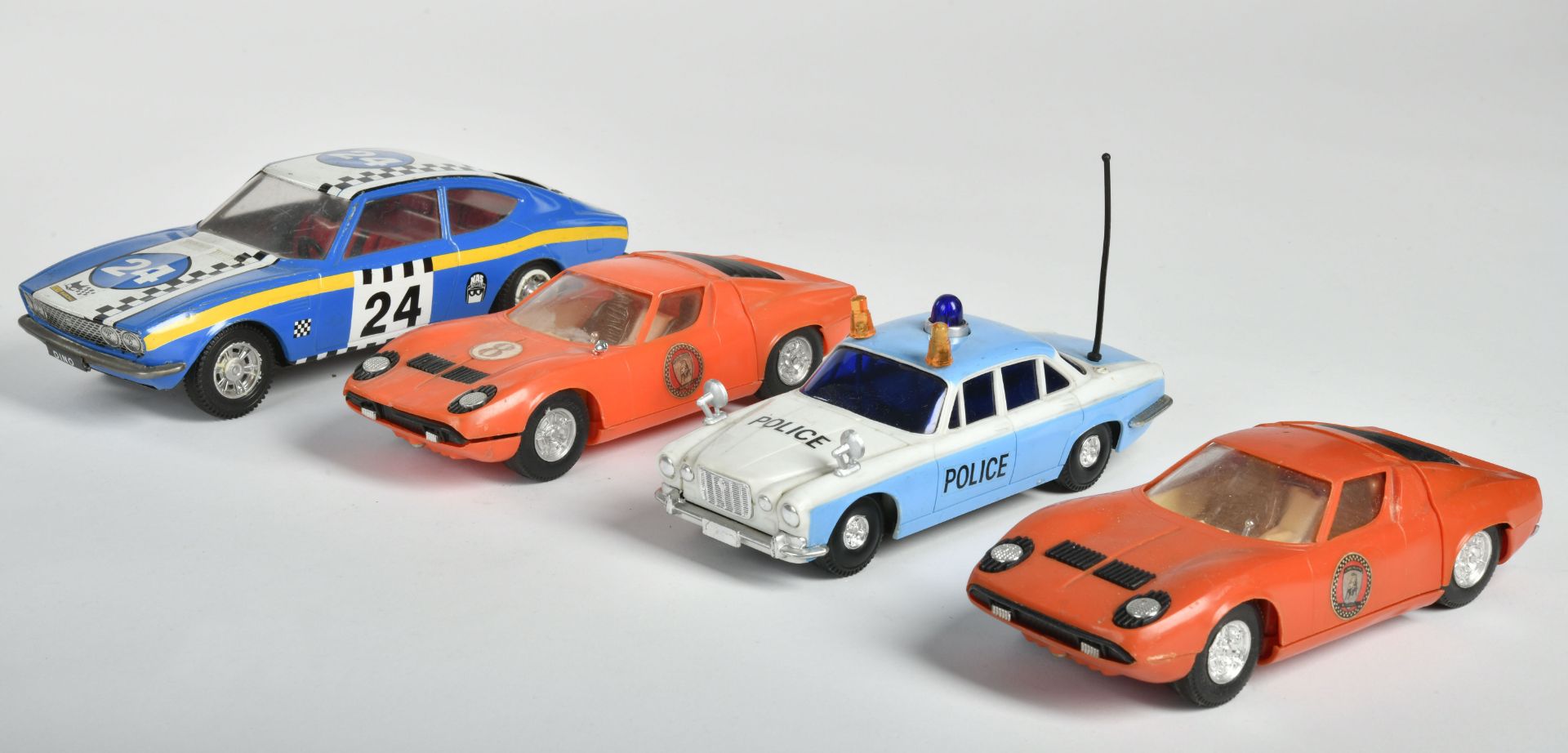 4 cars, 20-26cm, plastic + tin, paint d., C 2-3