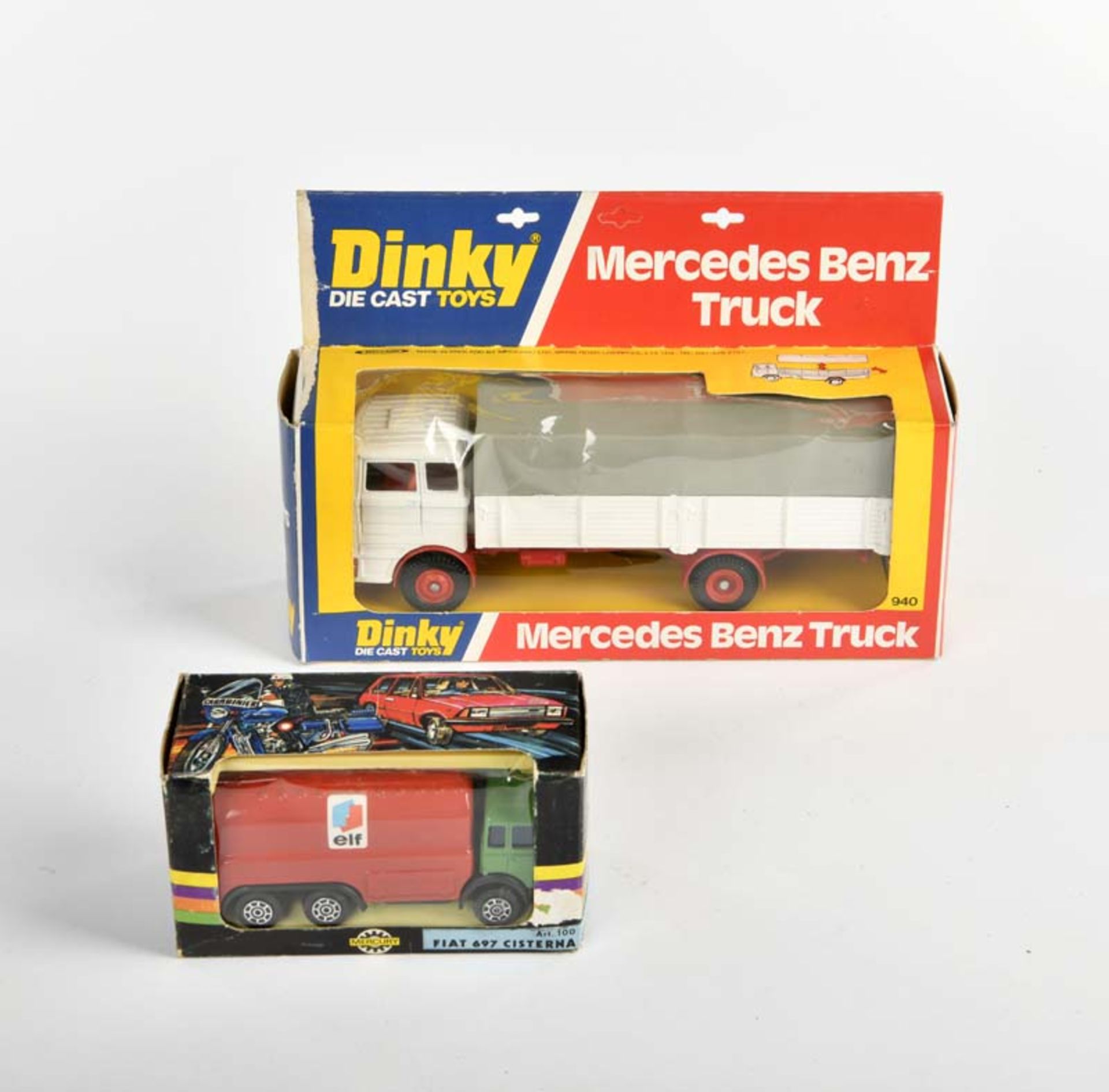 Dinky Toys, Mercedes Benz Truck 940 + Mercury Fiat Cisterna 697, England + Italy, diecast, min.