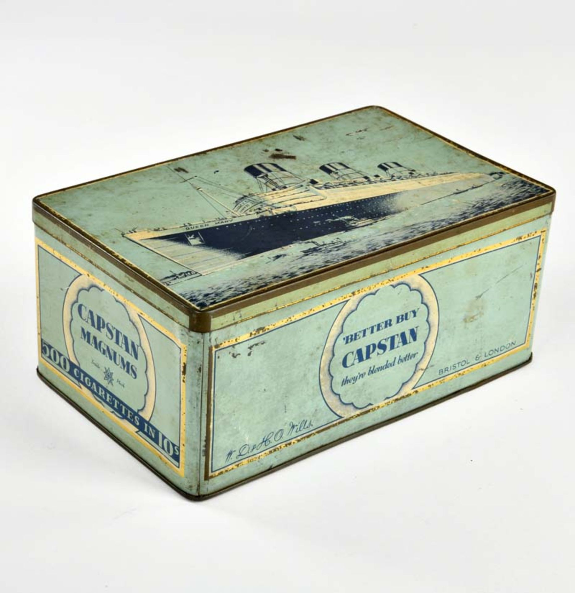 Cigar tin can with ship motive Queen Mary "Capstan Magnus", England, 28x16x11 cm, paint d., C 2