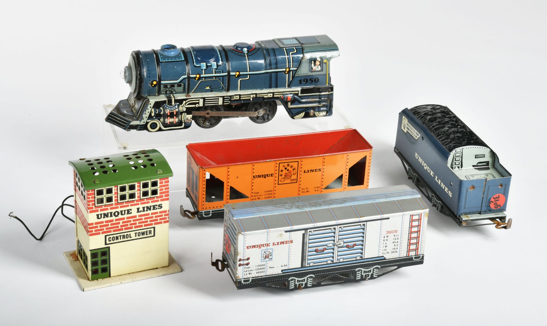 Unique Art, loco with wagons + tower, tin, C 2