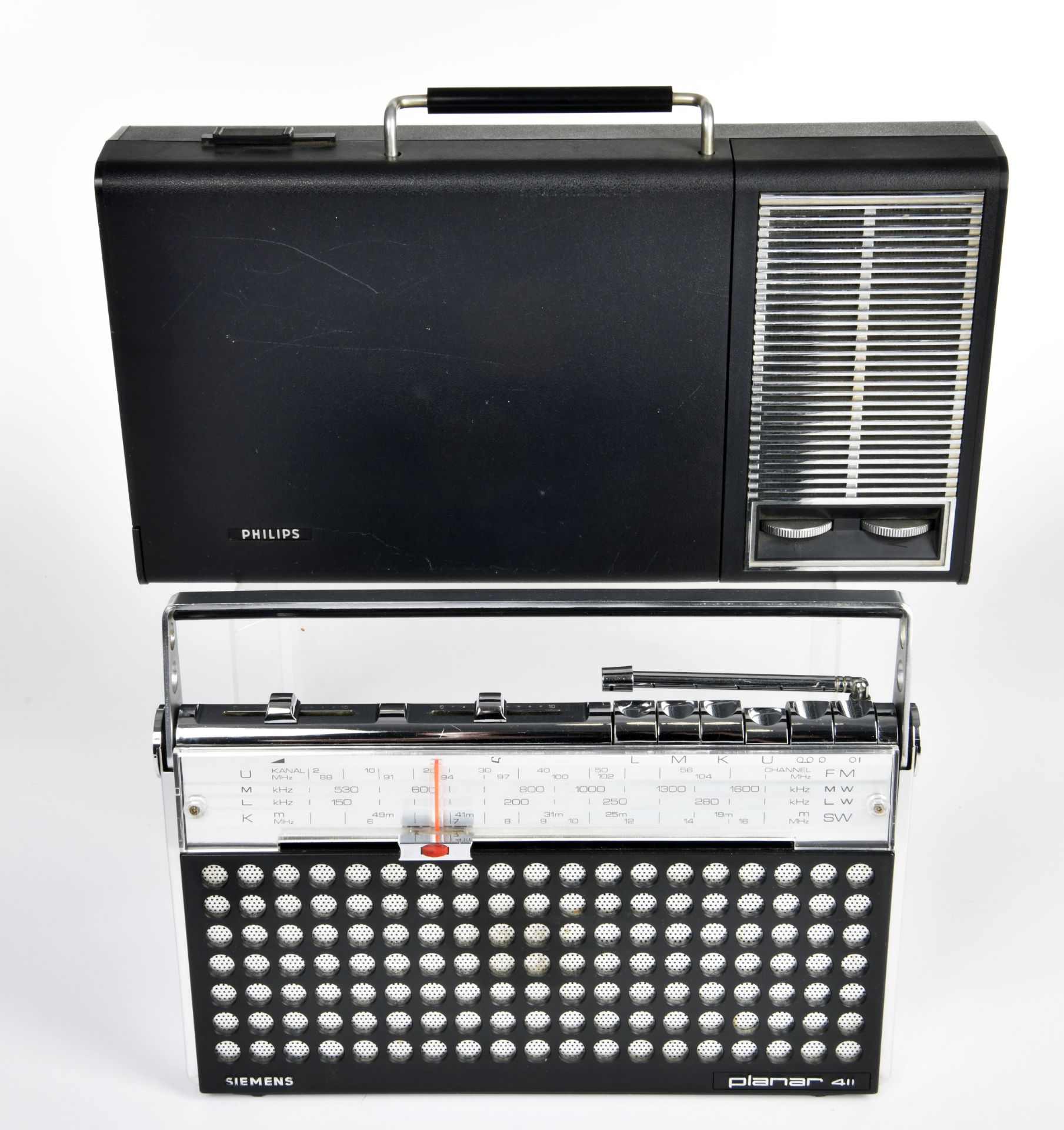 Siemens, portable radio Planar 411 + Philips record player with installed amplifier, traces of
