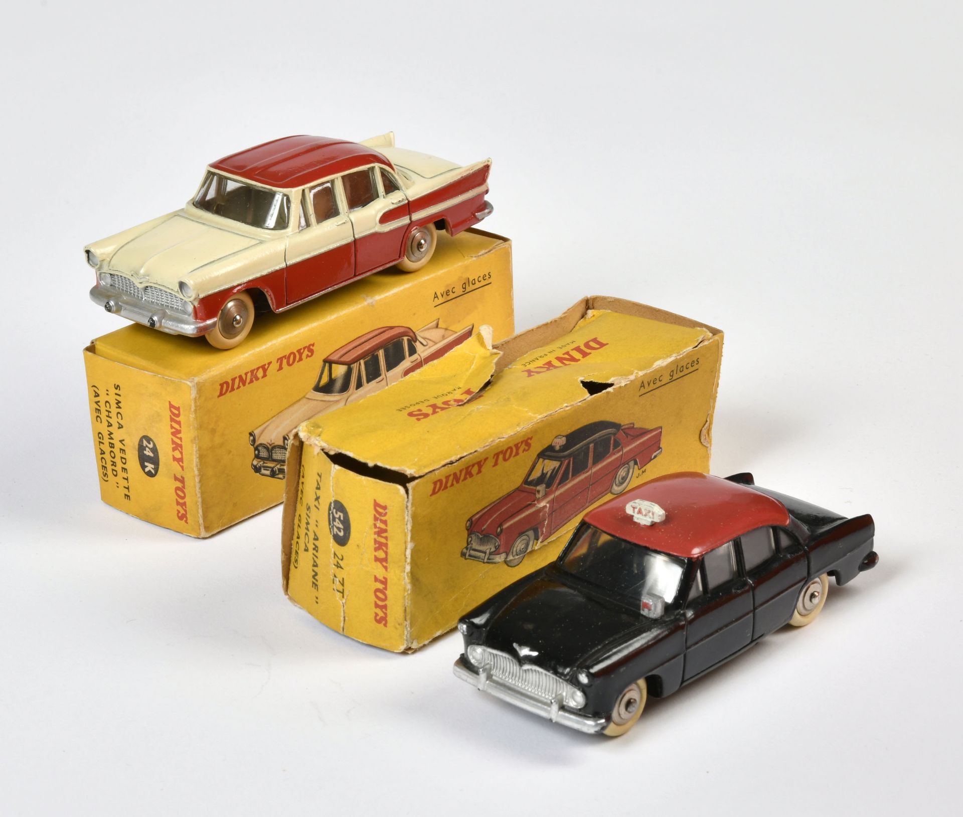 Dinky Toys, 24K Simca Vedette Chambord & 542 Taxi Ariane Simca, 1:43, diecast, box C 2-3, min. paint