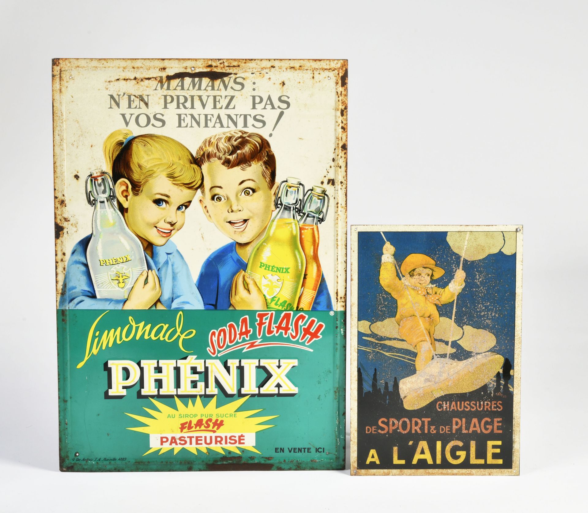 Phenix & A L'Aigle, 2 tin signs, 30-49 cm, paint d., rust d., C 3-4