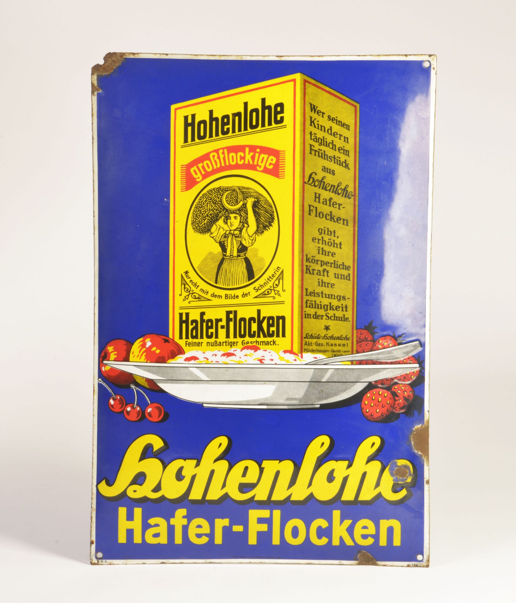 Hohenlohe Haferflocken, enamel sign, around 1920, 40 x 59 cm, one corner damaged, paint d., C 2-3