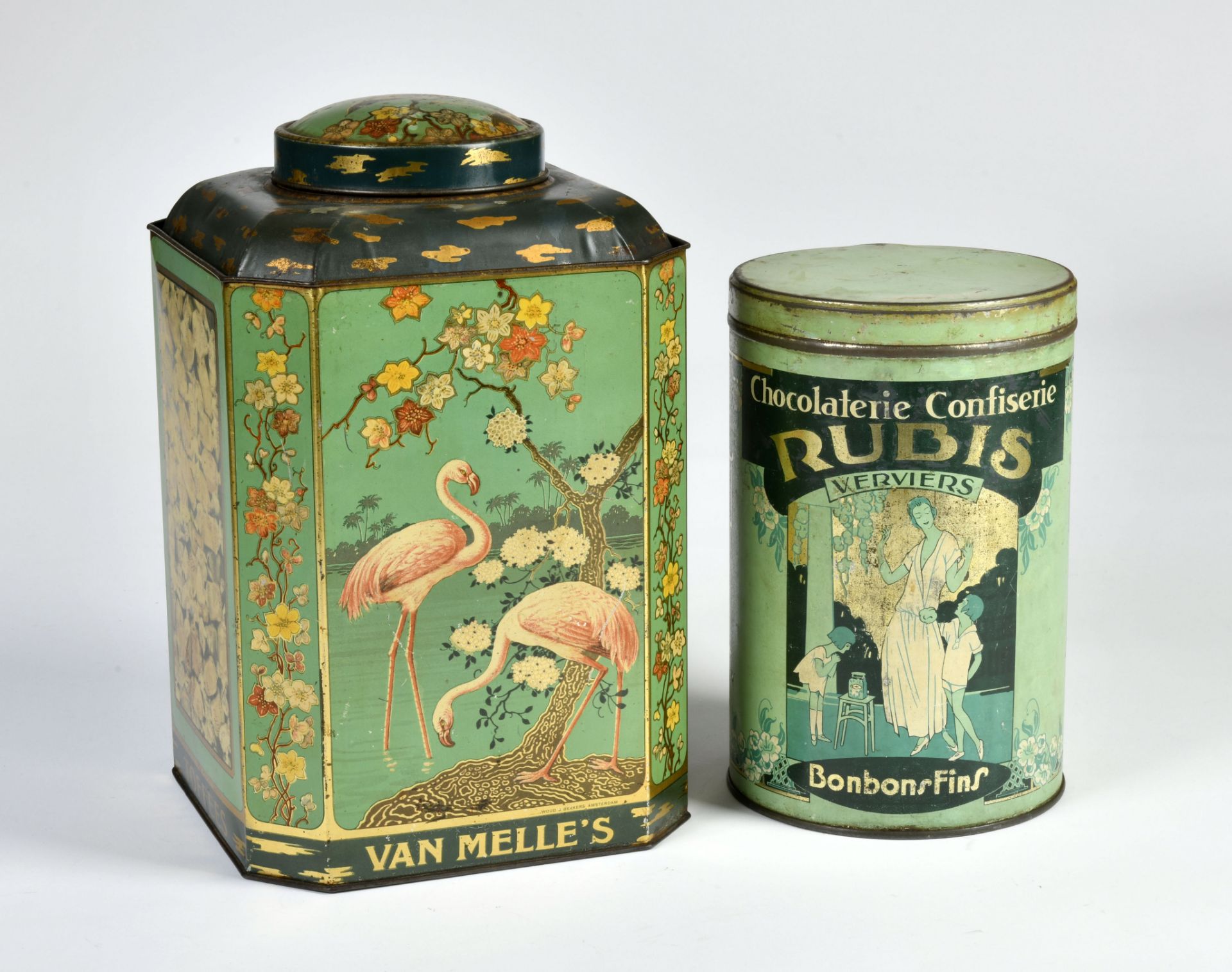 Van Melle's a.o., 2 candy tin cans, 24-32 cm, paint d., C 2