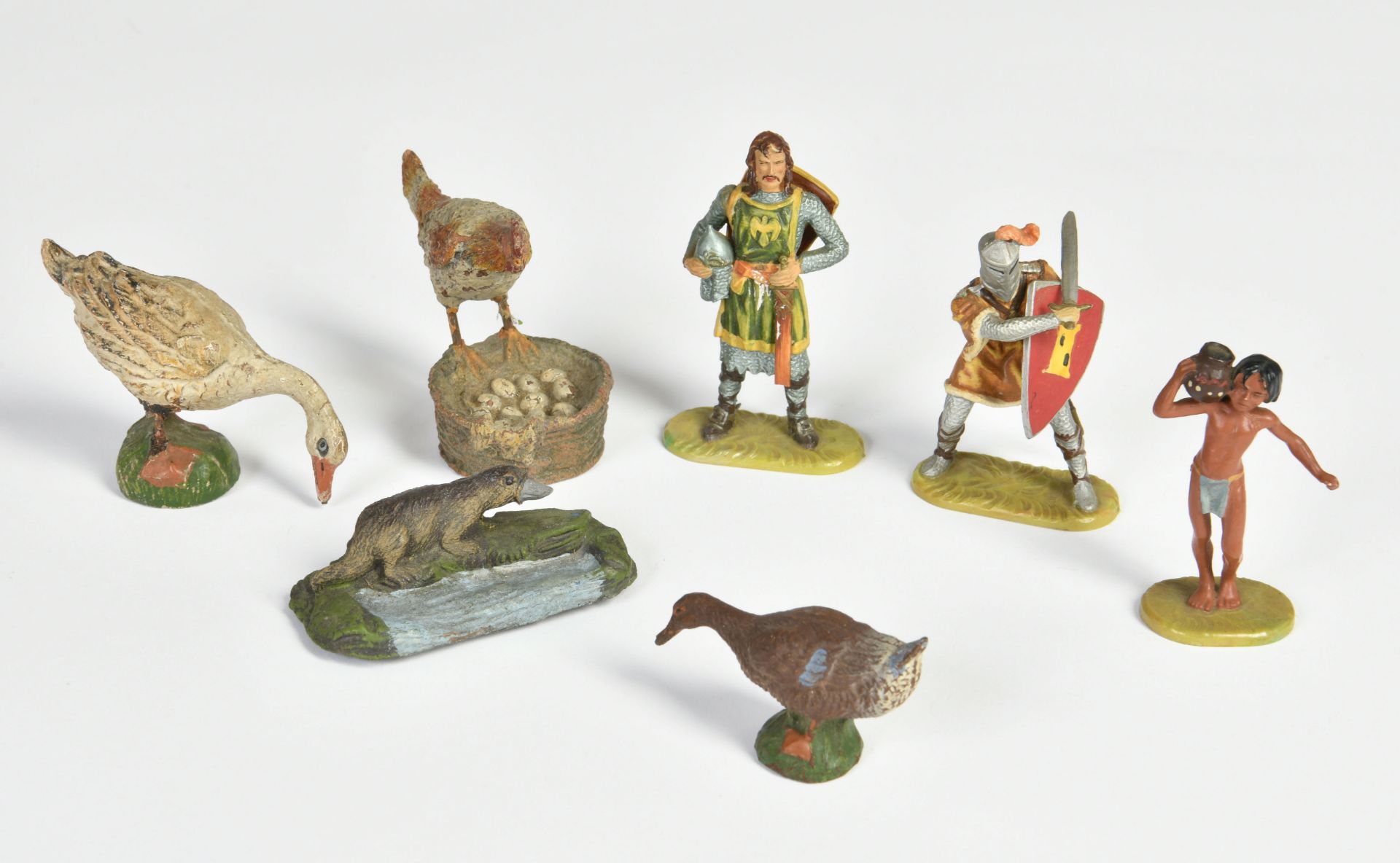 Elastolin, 3 plastic figures and 4 composite animals, Germany, mostly good