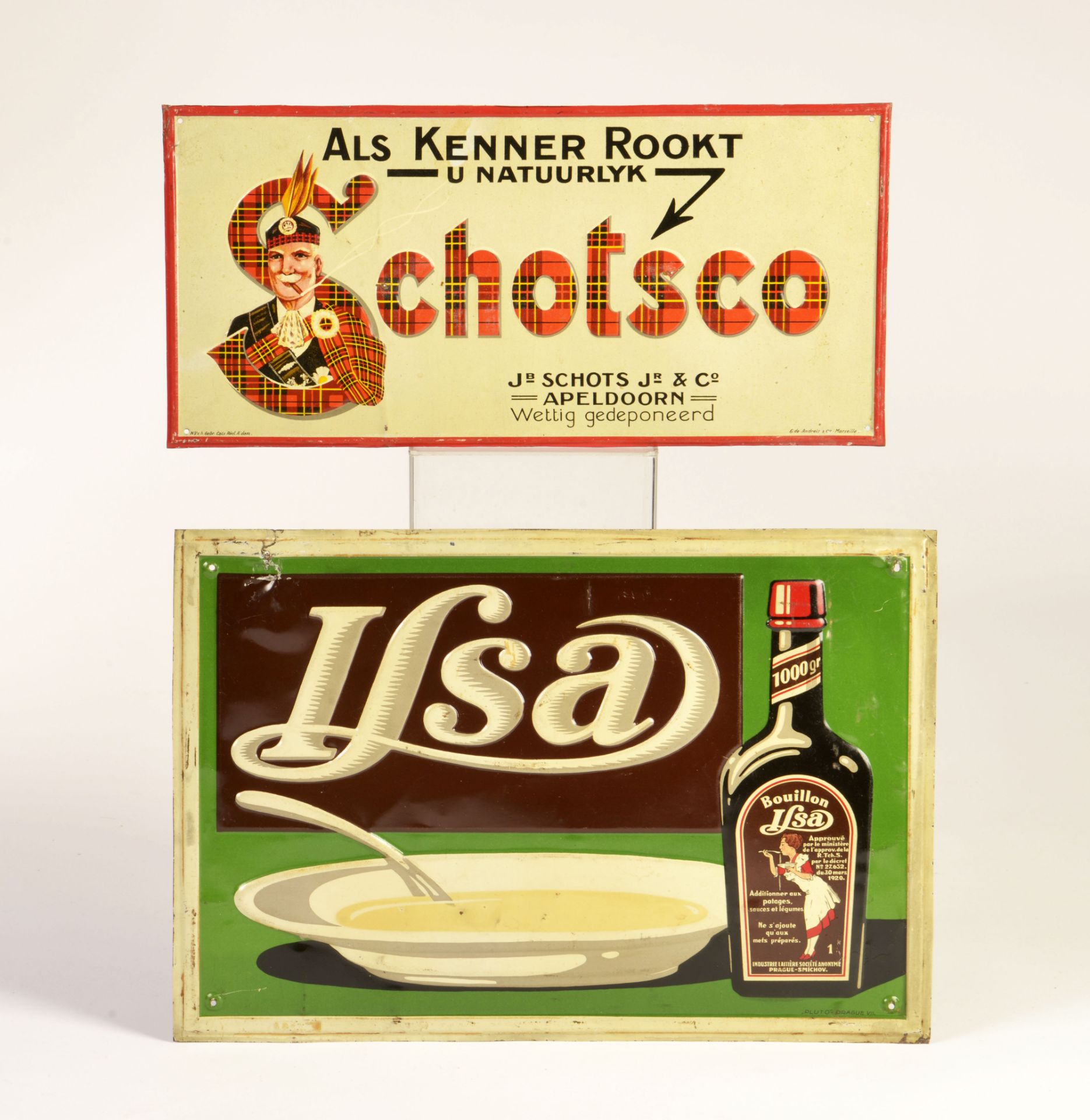 Ilsa Bouillon + Schotsco, 2 tin signs, 35-38 cm, paint d., C 2