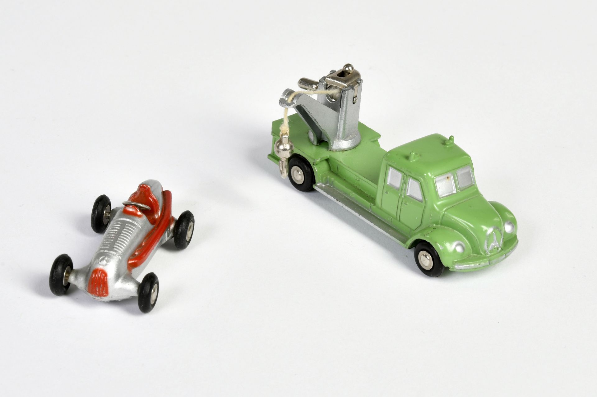 Schuco, Piccolo Magirus crane wagon + Mercedes W20 racing car, W.-Germany, 1:90, C 1-2