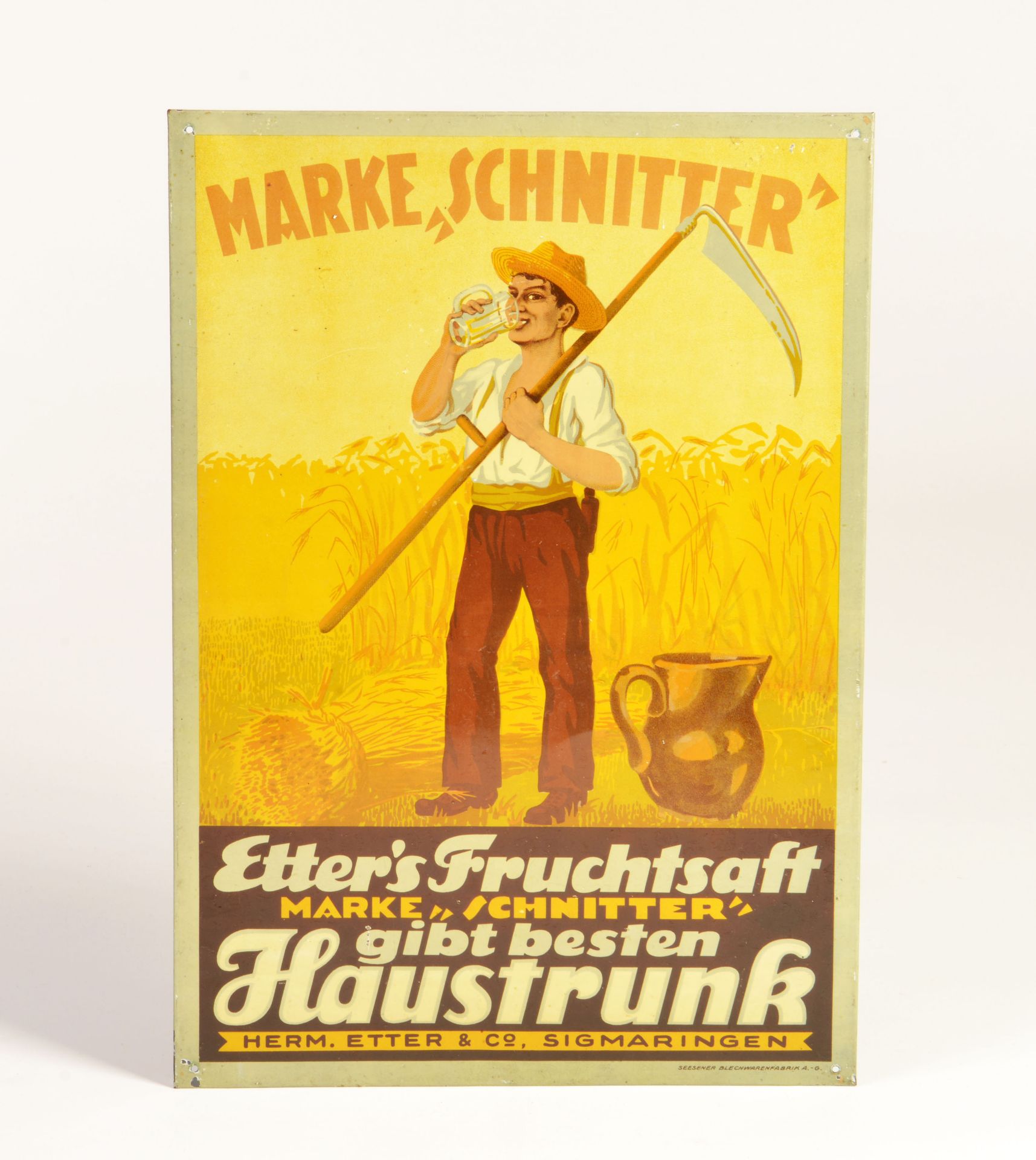 "Schnitter" Haustrunk, tin sign, 20s, 25 x 37 cm, paint d., C 2