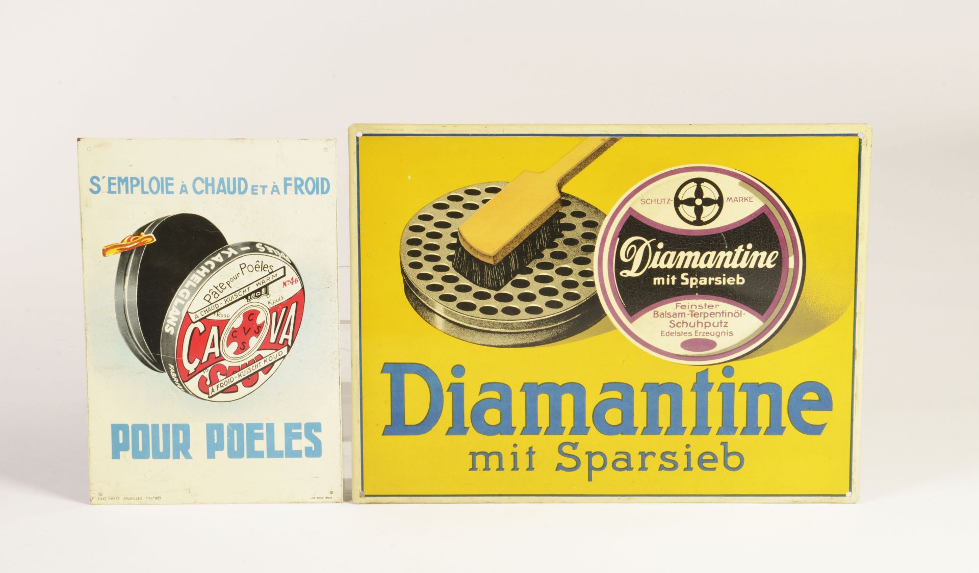 Diamantine mit Sparsieb & Pour Poeles, 2 tin signs, 24,5 - 33 cm, C 1-2