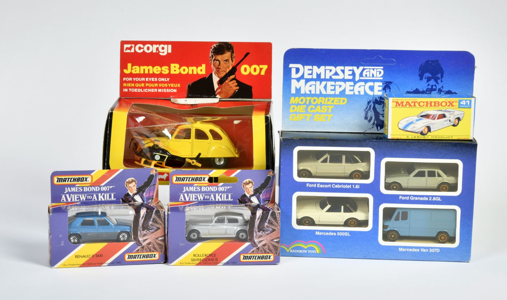 Corgi Toys, 272 James Bond Citroën 2CV, Matchbox 41 Ford GT, Rainbow Toys Dempsey and Makepeace a.