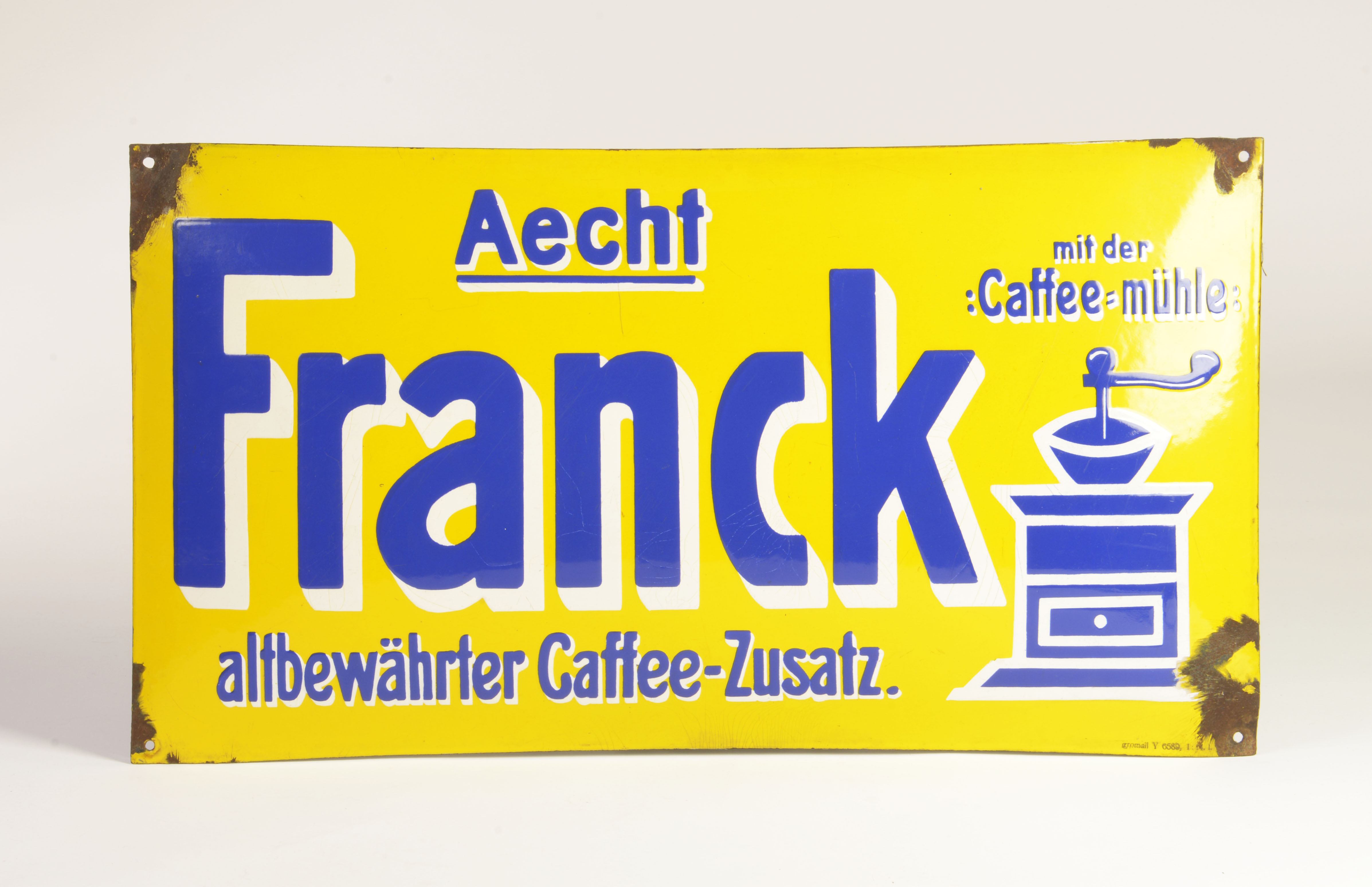 Aecht Franck Caffee, enamel sign, around 1910, 33 x 60 cm, convex, corners damaged, C 2