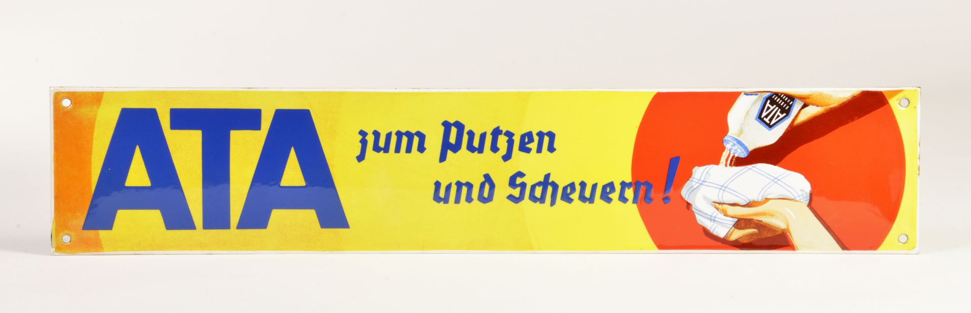 ATA zum Putzen und Scheuern, enamel sign, Austria around 1925, 11 x 57 cm, C 0-1