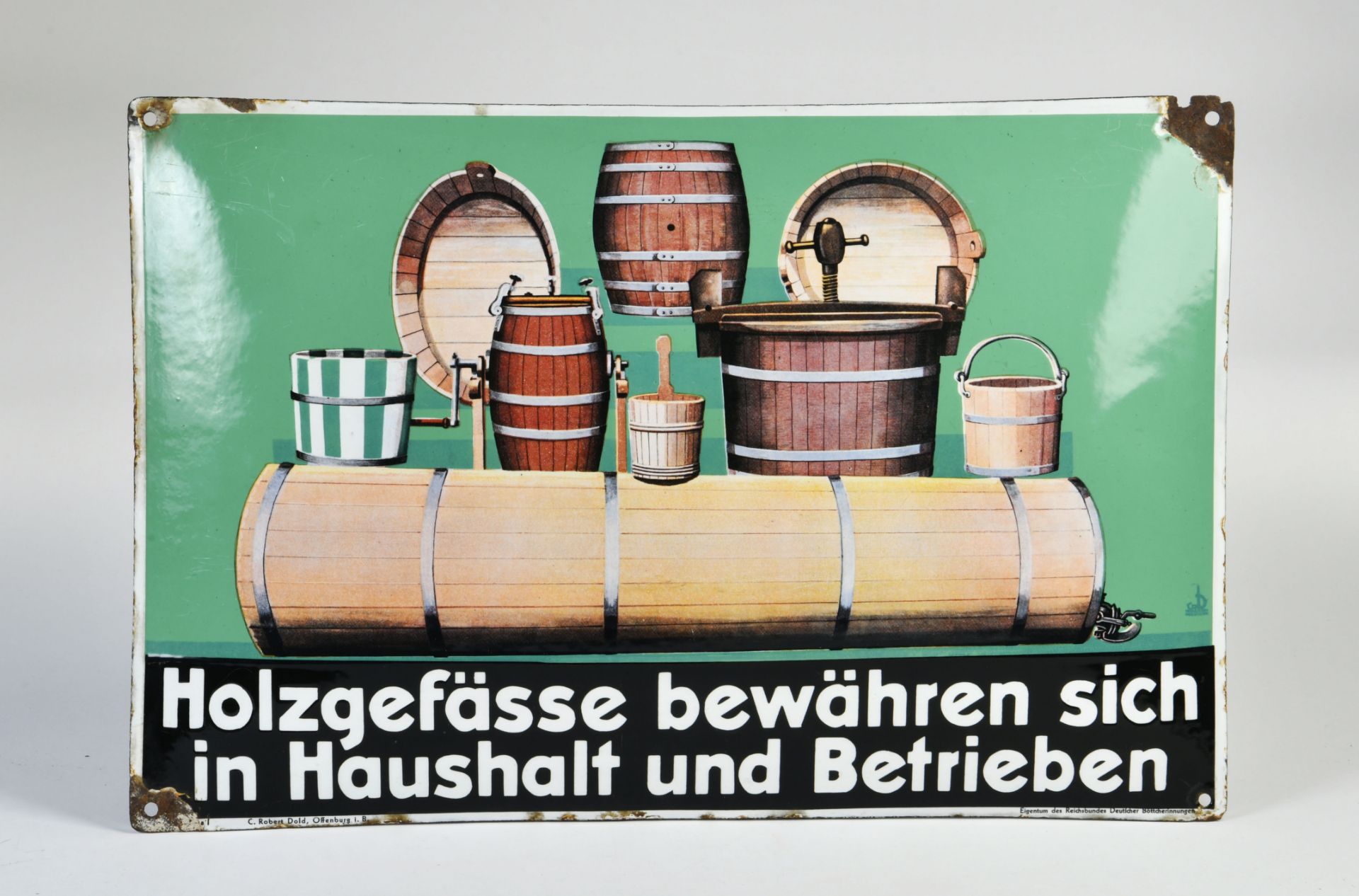 Holzgefässe, enamel sign, Germany pw, 60 x 40 cm, convex, Robert Dold Offenburg, paint chipped off