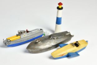 Arnold prototypes, 3 boats plus lighthouse, 21-26 cm, tin a. wood, only the unpainted boat has