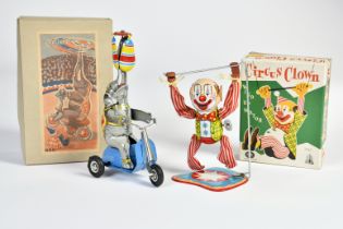 Modern Toys, Circus Clown + NBN, elephant on tricycle, Japan, US Z.-Germany, tin, cw ok, box, C 1-
