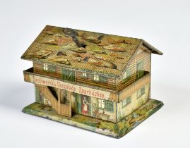 Stollwerck Penny Toy money bank "Alpenhaus", Germany pw, 9 cm, tin, min. paint d., C 1-2