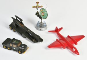 Arnold prototypes, 4 pieces: jet aircraft on truck, 33 cm, launch pad erectable, wood, damaged,