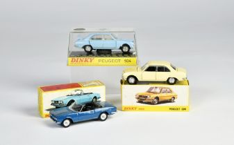 Dinky Toys, 3x Peugeot 504, 2x France, 1x Spain, 1:43 cm, box C 1-/2+, C 1-/2+
