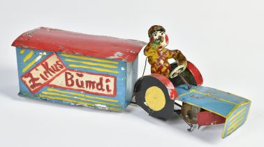 Arnold prototype, circus Bümdi, tractor with clown as driver and circus trailer, 30 cm, cw
