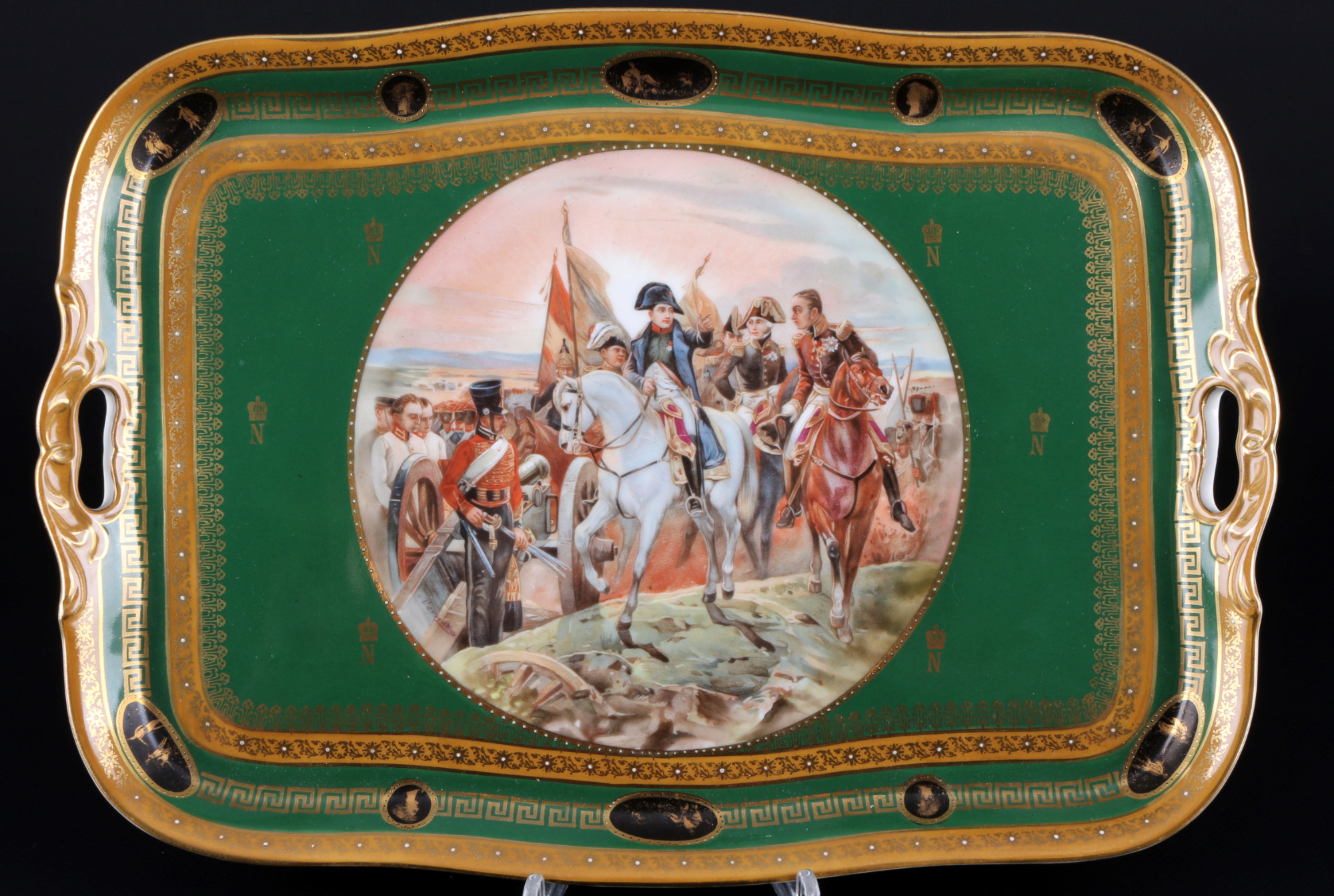 Haas & Czjzek Bohemia Napoleon Bonaparte tray with Battle of Friedland, Tablett mit der Schlacht von