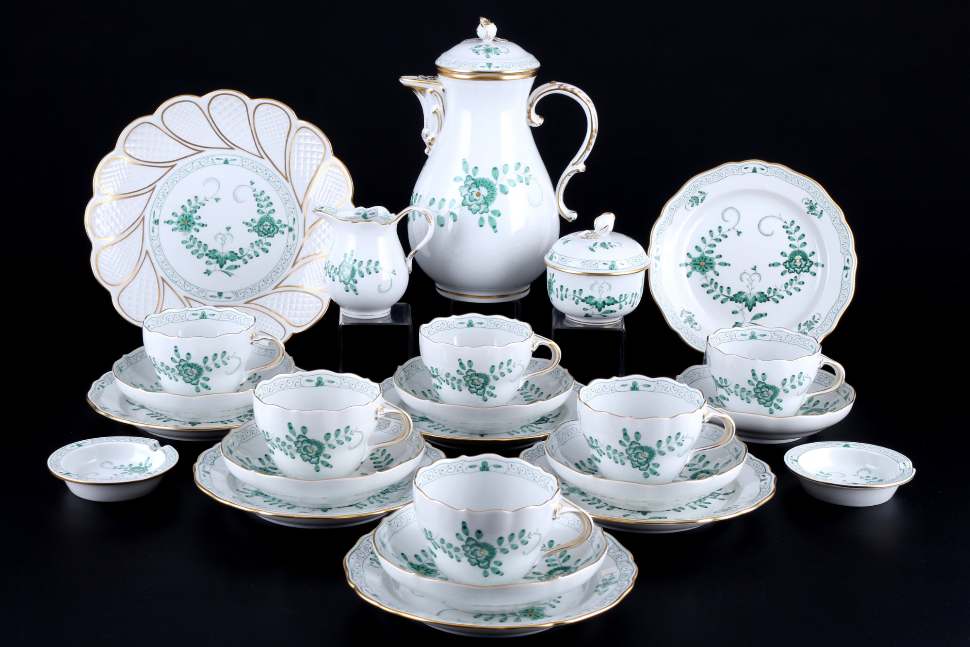 Meissen Indian Green coffee service for 6 persons 1st choice, Kaffeeservice für 6 Personen 1.Wahl,