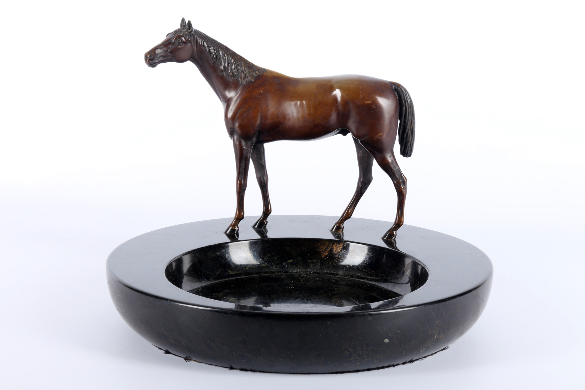 Large marble bowl with bronze horse, große Marmorschale mit Bronze Pferd,