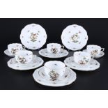 Herend Rothschild 6 Teegedecke, tea cups with dessert plates,