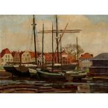 August Kaul (1873-1949) Hafenansicht mit anliegenden Segelschiffen, port view with sailing ships,