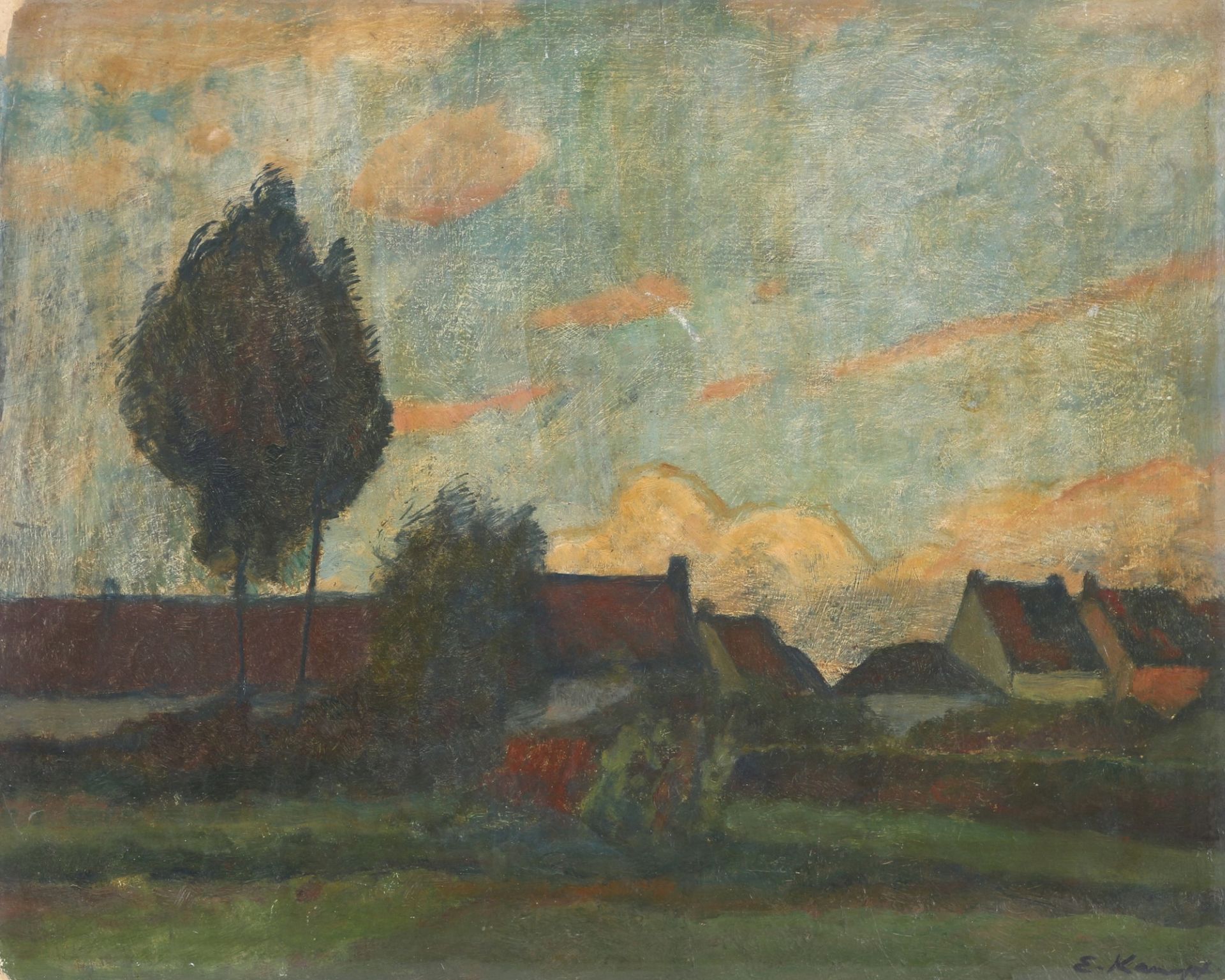 Eugen Kampf (1861-1933) landscape with village view, Landschaft mit Dorfansicht,