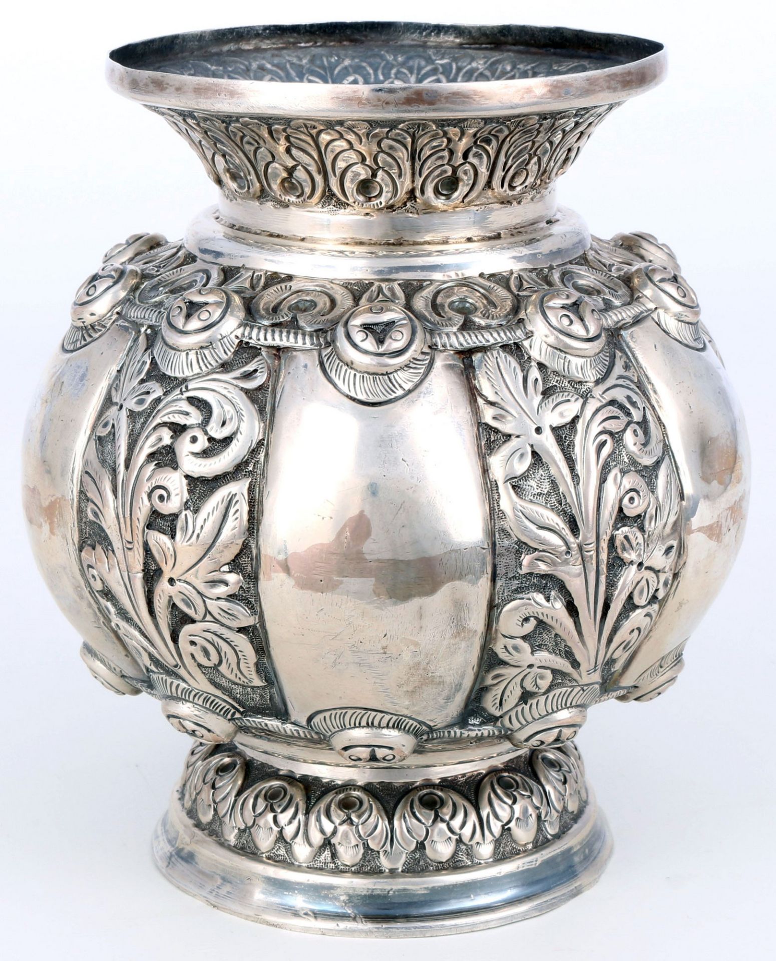 925 Silber Bauchvase mit Blattdekor, sterling silver bellied vase,