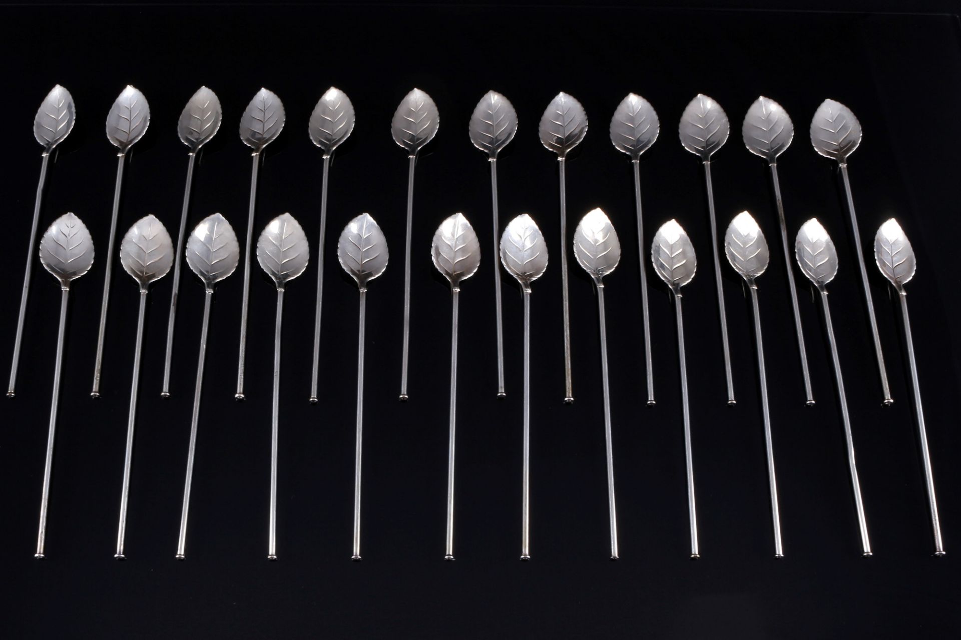 835 silver 24 spoon straws with leaf décor, Chr. Widmann, Silber Löffelhalme,