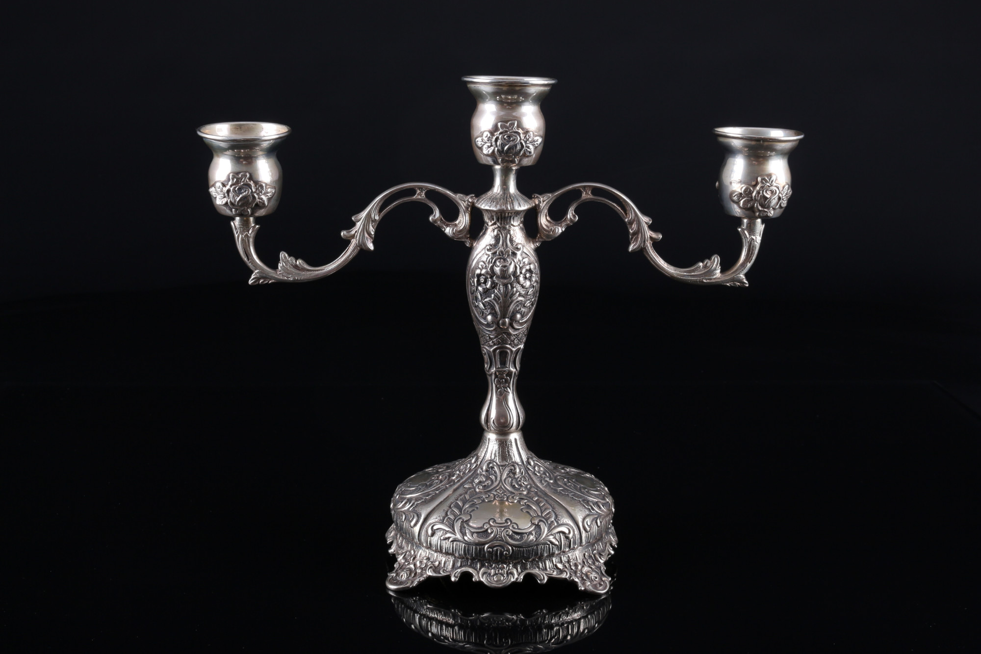 800 silver 2 candelabras with roses, 3-lights, Silber Kerzenständer, - Image 3 of 6