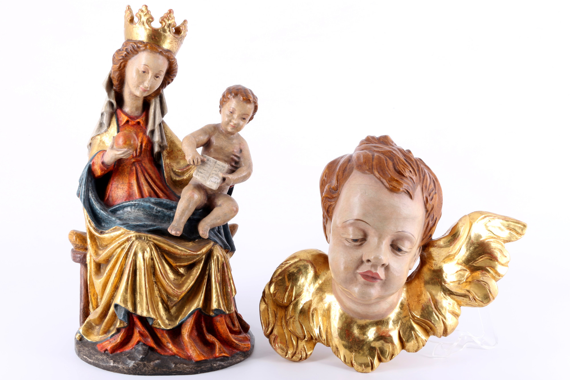 2 wooden figures of Saint Mary and cherub head, Holzskulpturen Heilige Madonna und Puttenkopf,