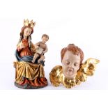2 Heiligenfiguren - Heilige Madonna und Puttenkopf, wooden sculptures Saint Mary and cherub head,
