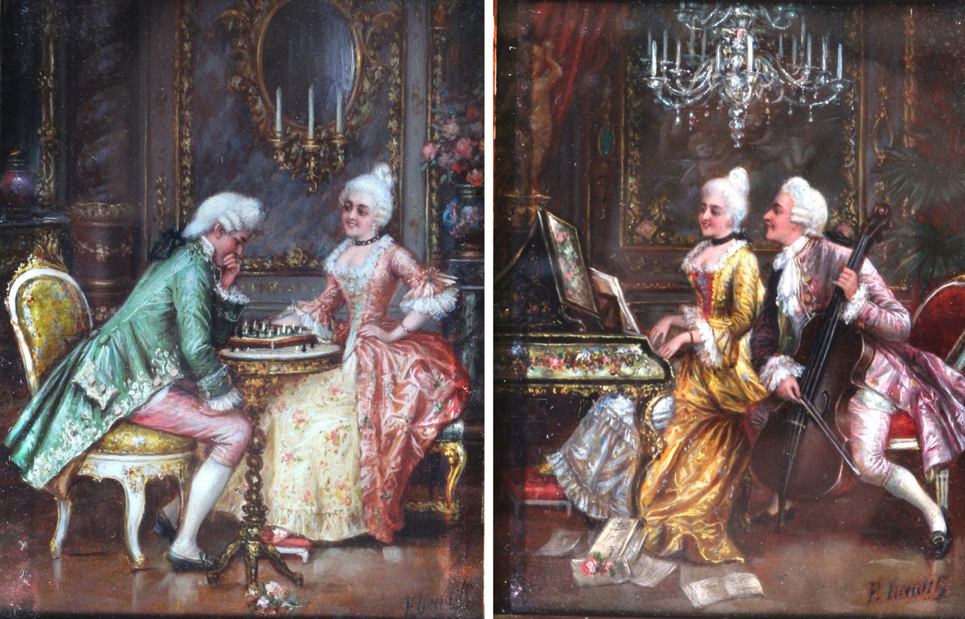 Frederick Lenditz (1873-1937) music couple & chess game, musizierendes Paar & Schachspiel,