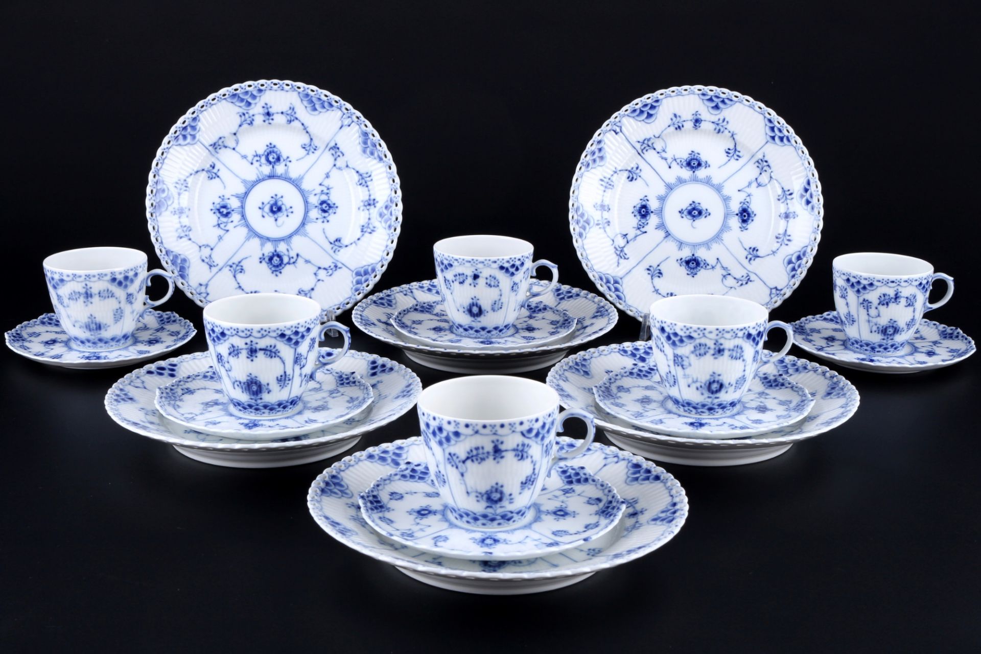Royal Copenhagen Musselmalet Full Lace 6 coffee cups with dessert plates 1035/1086 1st choice, Voll