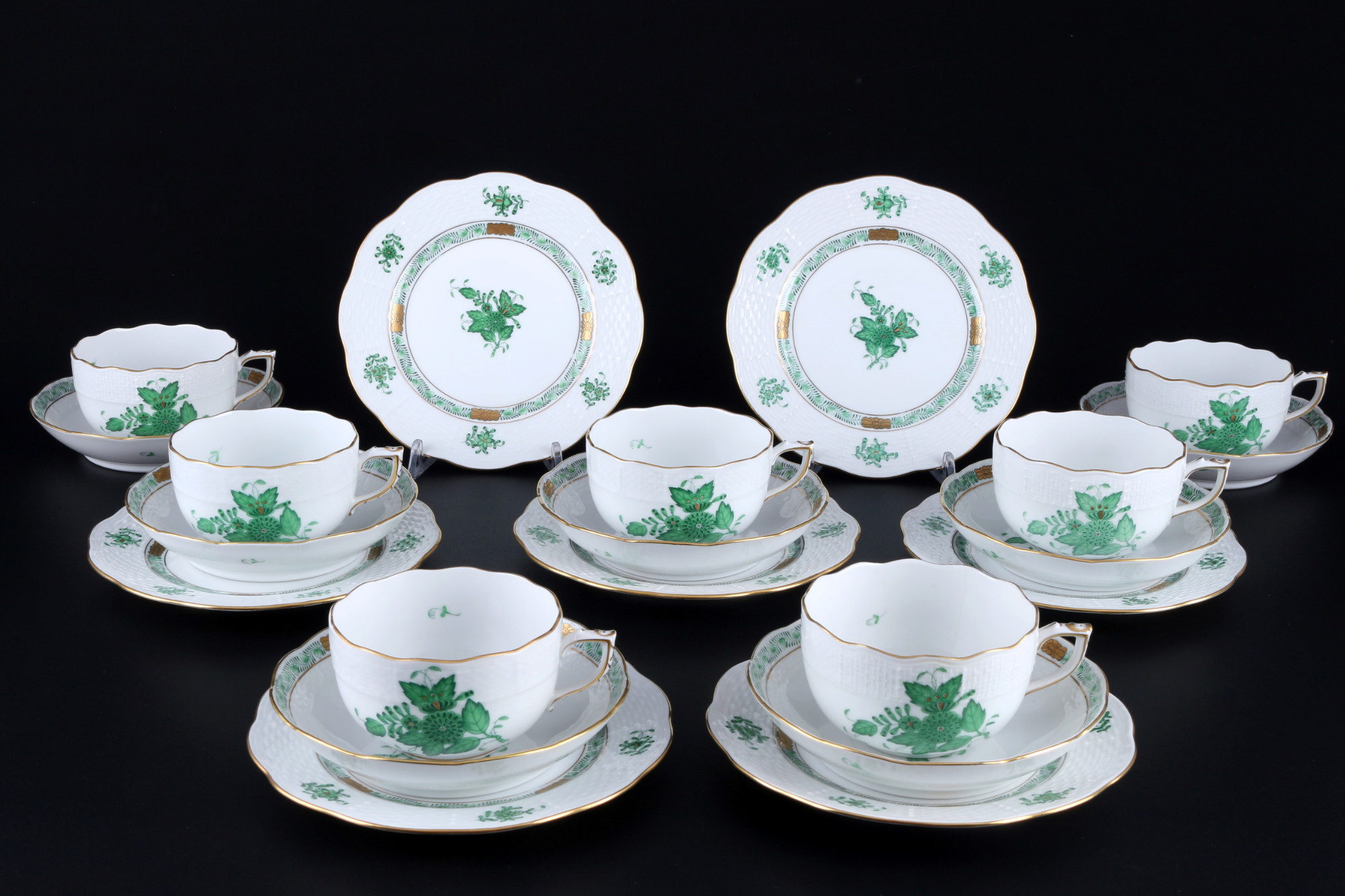 Herend Apponyi Vert 7 tea cups with dessert plates, Teegedecke,