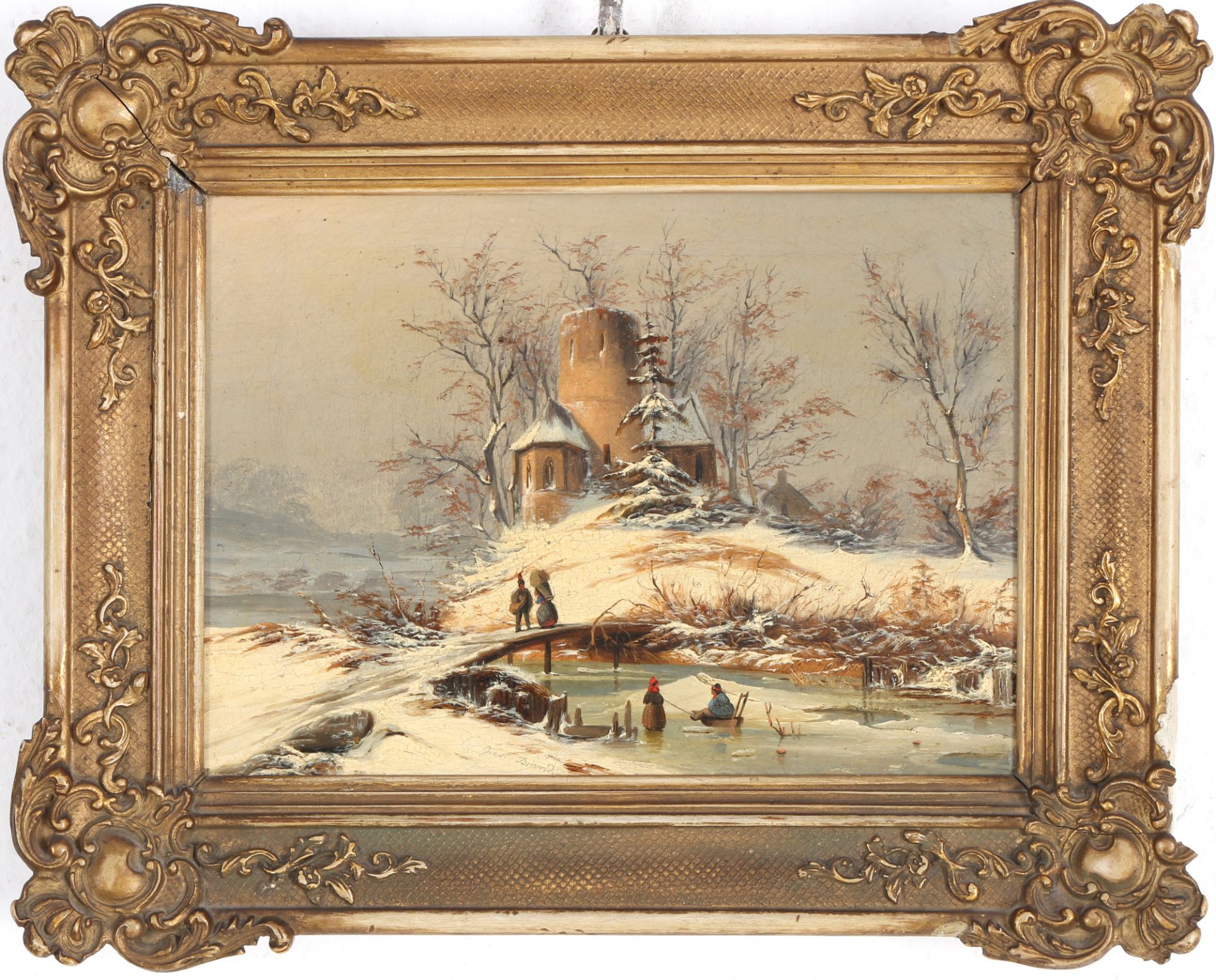 Gustav Brandin (19. Jhd.) Verschneiter Wintertag mit Burgansicht 1847, Snowy winter day with a view  - Bild 2 aus 4