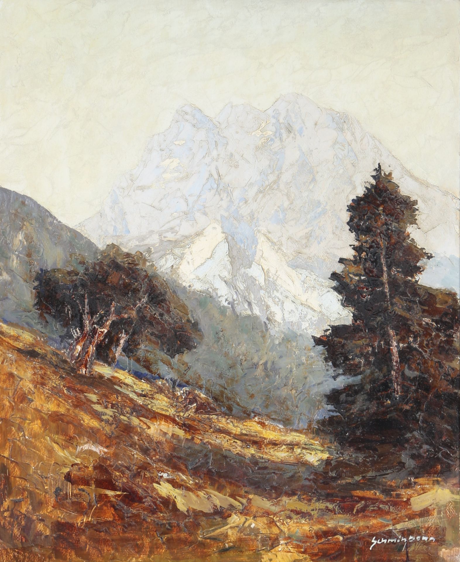 Hermann Schmitzbonn (1903-1960) herbstliche Landschaft mit Alpenblick, autumn landscape with view of